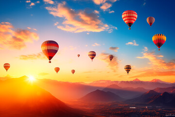Obraz premium Hot air balloons float in a stunning sunrise sky above mountainous terrain.