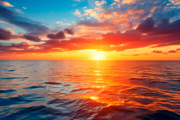 Obraz premium Radiant sunset over the ocean with vibrant reds and serene water reflections.