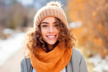 Smiling woman in a warm autumn outfit with a beanie and scarf, radiating joy outdoors.