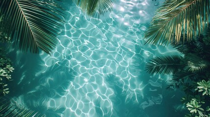 Fototapeta na wymiar Top view of palm leaves on clear water