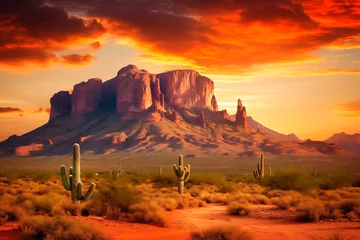 Crédence de cuisine en verre imprimé Rouge violet A breathtaking desert sunset with cactus silhouettes against a vibrant sky.