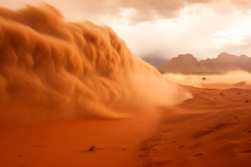 A massive sandstorm sweeping across the desert dunes under a dramatic sky. - obrazy, fototapety, plakaty