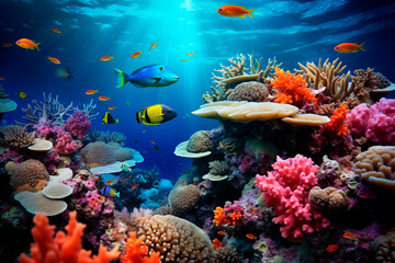 Colorful coral reef bustling with marine life under the ocean's surface. - obrazy, fototapety, plakaty