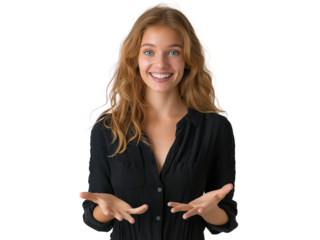 Mulher apresentando algo, fundo transparente para uso em design, propaganda e marketing.