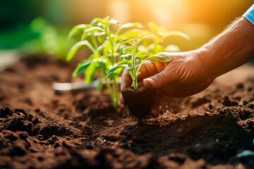 Hands nurturing tomato plants, symbolizing growth and organic gardening. - obrazy, fototapety, plakaty