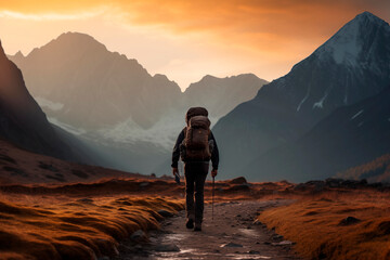A lone hiker with a backpack treks on a mountain trail at sunset, with the sky painted in hues of orange, symbolizing adventure and solitude. - obrazy, fototapety, plakaty