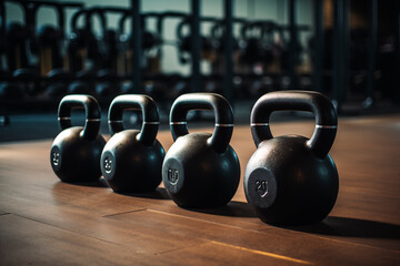 A row of red kettlebells lined up on a gym floor, representing strength training and fitness equipment.

