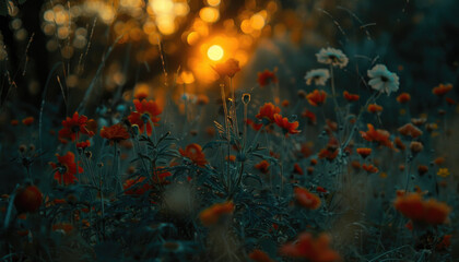 Photo of flowers in the field during golden hour, flowers during golden hour, golden hour field