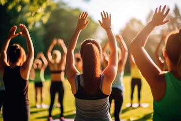 An outdoor yoga group with women stretching their arms up, harmonizing with nature in a sunny park setting.