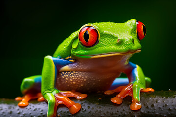 A vibrant green tree frog on a branch.