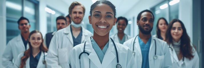 Smiling Multiracial Medical Team in Hospital Corridor. A cheerful and diverse group of medical professionals proudly standing together in a hospital corridor, embodying teamwork and commitment.