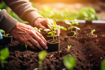 Hands nurturing a young plant in soil, symbolizing growth and environmental care.
