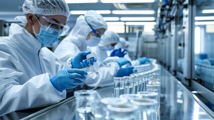 Pharmaceutical Team Conducting Quality Control in Sterile Environment. A group of scientists in protective gear meticulously conducting tests in a pharmaceutical production line. - obrazy, fototapety, plakaty