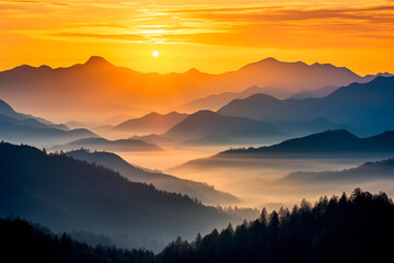 Obraz premium Sunrise over mountain ranges with layers of fog.