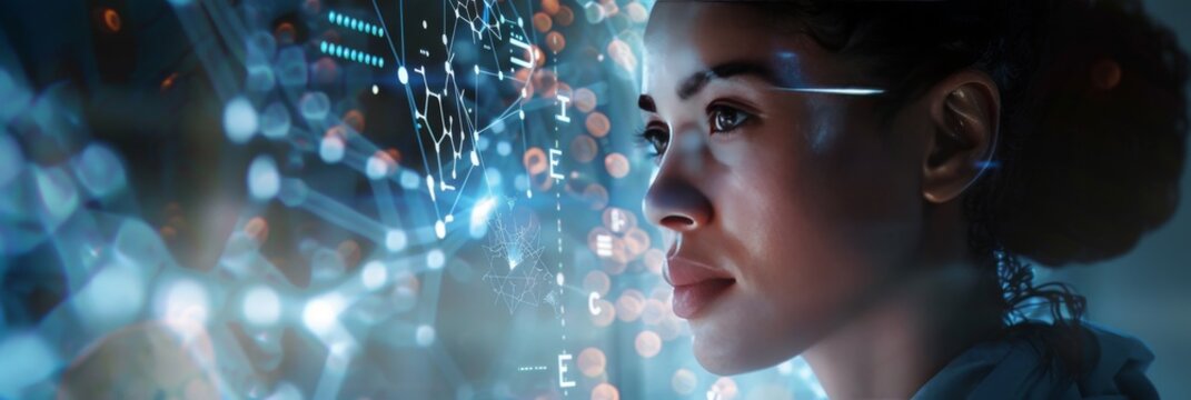 Visionary Scientist Exploring Digital Genomics. A female scientist studies digital genetic data in a high-tech research facility.