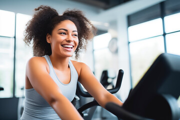 Fit woman on a stationary bike in a gym, highlighting a commitment to health and cardio training. - obrazy, fototapety, plakaty