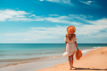 Woman in a summer hat gazing at the sea on a sunny beach.