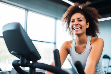 Fit woman on a stationary bike in a gym, highlighting a commitment to health and cardio training. - obrazy, fototapety, plakaty