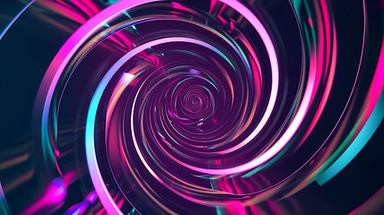 Obraz premium Abstract colorful neon glowing light tunnel art background. Speed light illuminated Curvy moving line shape. 3D render