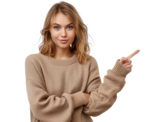 Mulher apontando para algo, fundo transparente para uso em design, propaganda e marketing.