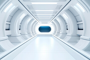 A futuristic corridor with sleek design, illuminated by natural light, evoking modern technology.