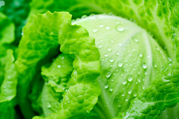 Fresh green lettuce leaves with water droplets, highlighting concepts of health, organic produce, and nutrition.