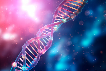 Close-up of a blue DNA double helix in a conceptual scientific illustration with a focus on genetics and biology. - obrazy, fototapety, plakaty