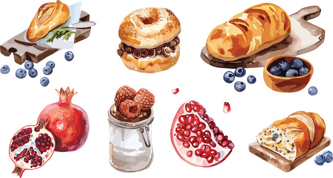 Vector set of baking breakfast in watercolor style. Buns, baguettes, bread, pastries, and other baked goods, fruits, pomegranate, blueberry. Vintage watercolor concept for a bakery or cafe menu design