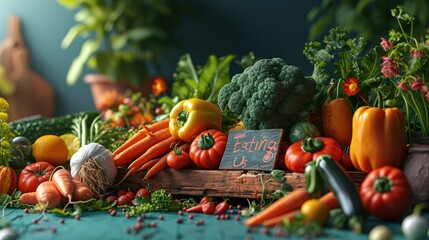 Joyful produce: cartoon characters, happy cute vegetables, and fruits holding a sign 'Eating Us.' A...