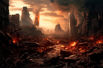 Apocalyptic urban landscape with fiery explosions and widespread destruction. - obrazy, fototapety, plakaty
