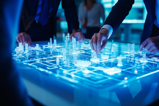 Interactive urban planning with a futuristic holographic cityscape and advanced technology.