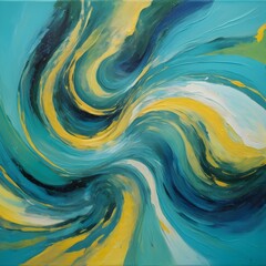 Abstract swirling painting of turquoises, blues, greens and yellows 