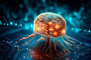 Foto auf Acrylglas A cybernetic brain with glowing neural connections over a circuit board, representing artificial intelligence. © EricMiguel