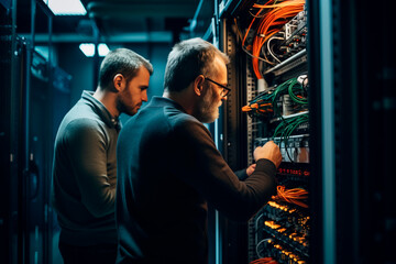 Two IT engineers working on server hardware in a datacenter, focusing on networking and infrastructure.