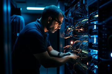 A focused technician servicing network cables in a server rack at a datacenter with blue ambient lighting.