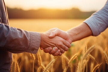 Two individuals shaking hands in an agricultural field, symbolizing a successful business agreement or partnership.