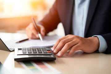 Close-up of a business professional calculating finances with a calculator and pen in hand, analyzing documents.