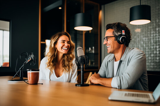 Two smiling co-hosts recording a podcast in a modern studio with microphones and laptop.