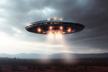 A UFO emitting a beam of light in a forested area, creating a scene of extraterrestrial encounter and science fiction.