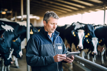 A farmer uses a tablet to monitor and manage dairy cattle, highlighting the integration of technology in agriculture. - obrazy, fototapety, plakaty