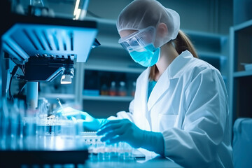 A scientist conducts research using a microscope in a modern laboratory, surrounded by advanced medical technology.