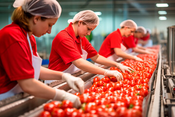 Workers in a food processing line selecting fresh tomatoes, ensuring quality control in an industrial setting. - obrazy, fototapety, plakaty