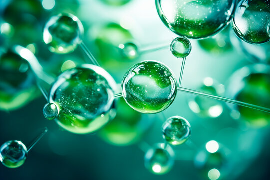 Spherical green molecules in a connected structure, depicting concepts in chemistry, biology, and scientific research.