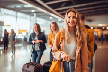 Young smiling woman with luggage at the airport, embodying the excitement of travel.