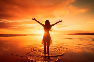 Fototapeta premium Silhouette of a woman with arms raised in freedom at the beach during a vibrant sunset.