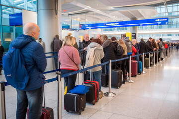 A crowd of travelers with luggage waiting in line at an airport check-in.