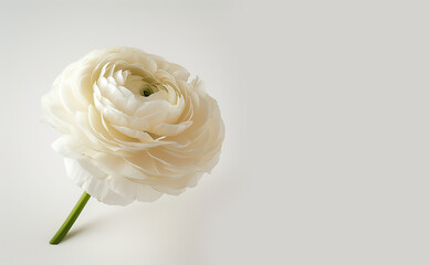 A delicate white ranunculus flower stands alone, its petals a study in elegance against a soft backdrop. Solo White Ranunculus Bloom on Pristine White Backdrop. Copy space