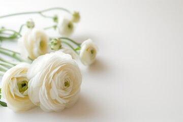 Elegant White Ranunculus Flowers on a Soft White Background. Copy space, mock up. A tranquil display of white ranunculus blooms, gracefully aligned on a pristine background. Mothers day