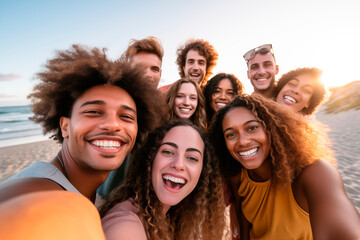 Fototapeta premium Joyful diverse friends taking a selfie on the beach, radiating happiness and carefree youth.