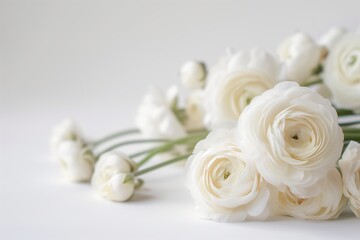 Obraz premium Elegant White Ranunculus Flowers on a Soft White Background. Copy space, mock up. A tranquil display of white ranunculus blooms, gracefully aligned on a pristine background. Mothers day